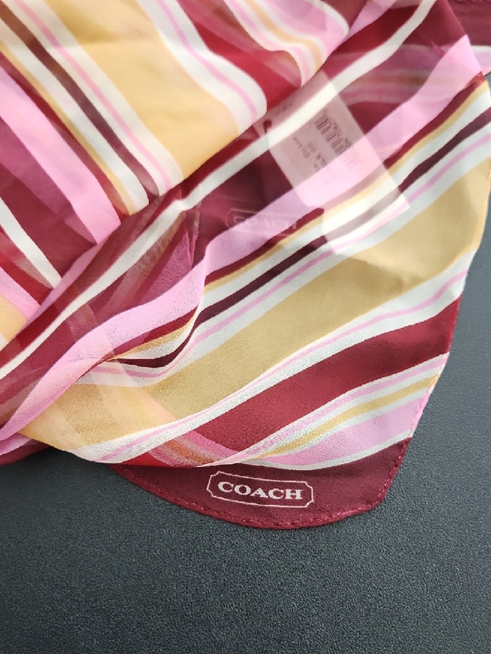 Coach Striped Silk Scarf in Burgundy, Pink & Mustard Yellow - Picture 4 of 5